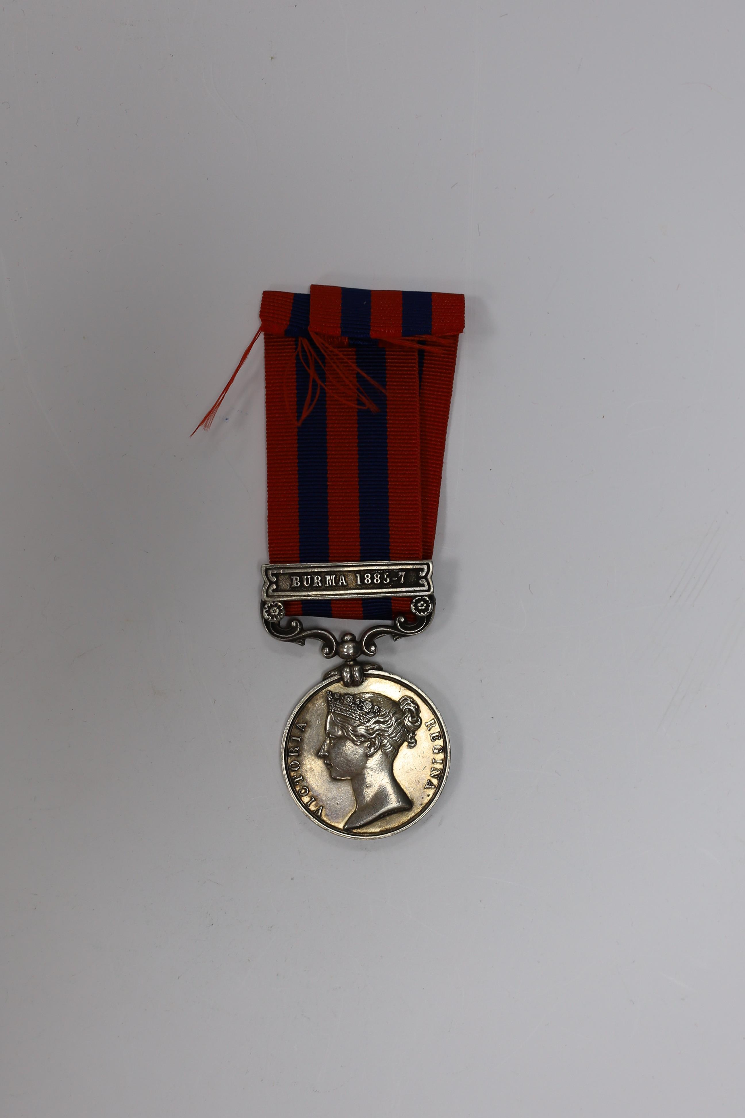 An India General Service medal with Burma 1885-7 clasp to 605 Pte P Plunkett 1st Bn R.W.Fus